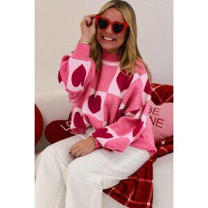 Women's Pink Heart Print Pullover Valentine's Day Sweater Size S/M/L/SL
